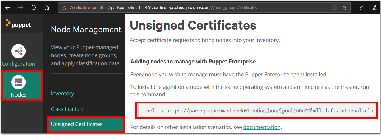 Screenshot of the Unsigned Certificates area of the Puppet Configuration Management Console, inside the Microsoft Edge web browser. The display elements Nodes, Unsigned Certificates, and Add Node command are highlighted to illustrate how to access the Add Node command from the Puppet Configuration Management Console.